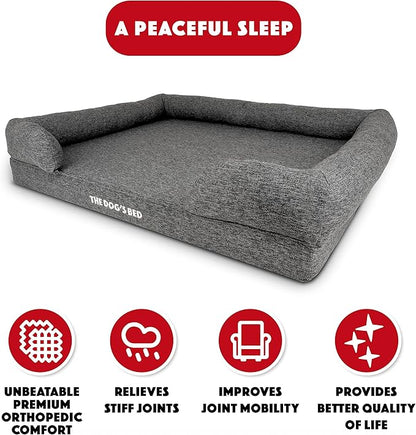 The Dog’s Bed, XL Grey Poly-Linen, Memory Foam, Pain Relief: Arthritis, Hip & Elbow Dysplasia, Post Surgery, Lameness, Supportive, Calming, Waterproof Washable Cover