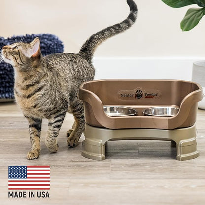 Neater Feeder Deluxe Mess Proof Cat Bowls Elevated for All Breeds – Made in USA – No Spill Raised Cat Bowls for Indoor Cats w/Leg Extensions – Stainless Steel Cat Food and Water Bowl Set - Bronze