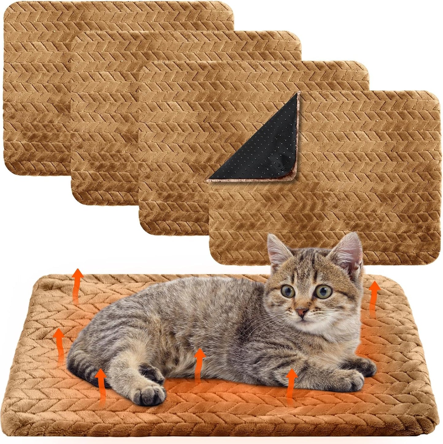 4 Pack Self Heating Cat Pad 16 x 20 Inch Self Warming Cat Bed Non Slip Warm Dog Pad Mat Washable Pet Kennel Crate Bed Mat for Indoor Outdoor Pets(Camel,16 x 20 Inch)