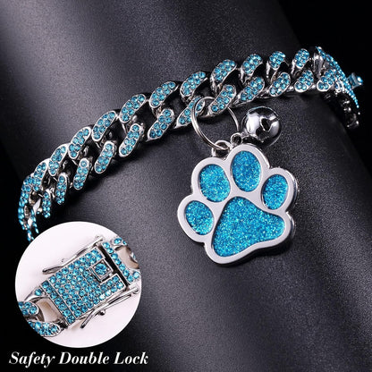 Hillban Cat Collar Diamond Chain Glitter Collar Walking Metal with Secure Buckle Cat Pet Necklace with Paw Charm and ID Tag Bell Link Cuban Jewelry Accessories(8 Inch,Silver,Lake Blue)