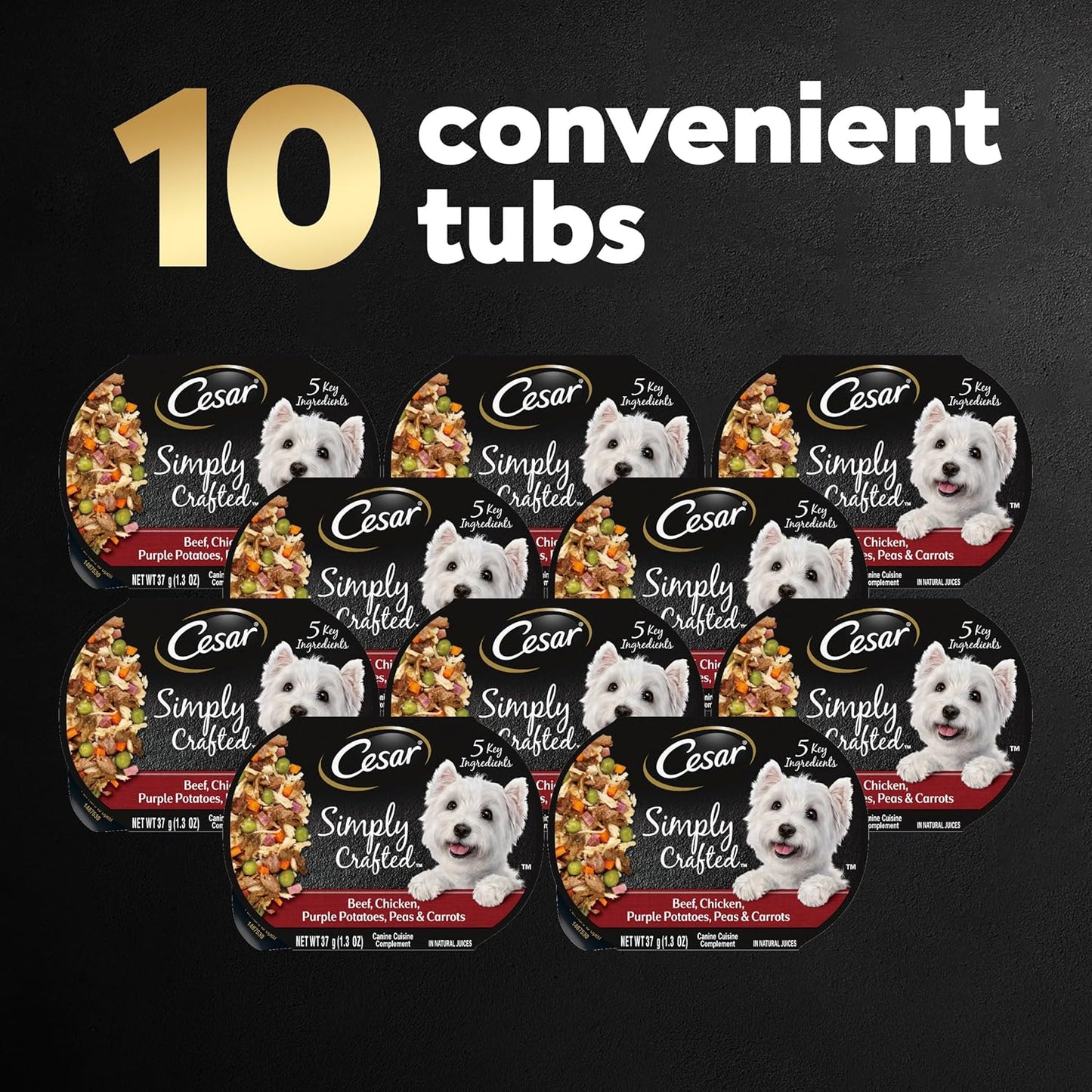 Cesar Simply Crafted Adult Wet Dog Food Meal Topper, Beef, Chicken, Purple Potatoes, Peas & Carrots, 1.3oz. (10 Count, Pack of 1)