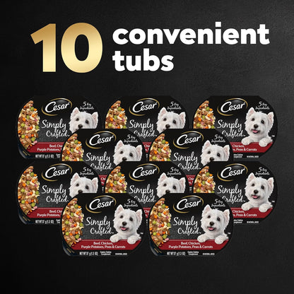 Cesar Simply Crafted Adult Wet Dog Food Meal Topper, Beef, Chicken, Purple Potatoes, Peas & Carrots, 1.3oz. (10 Count, Pack of 1)