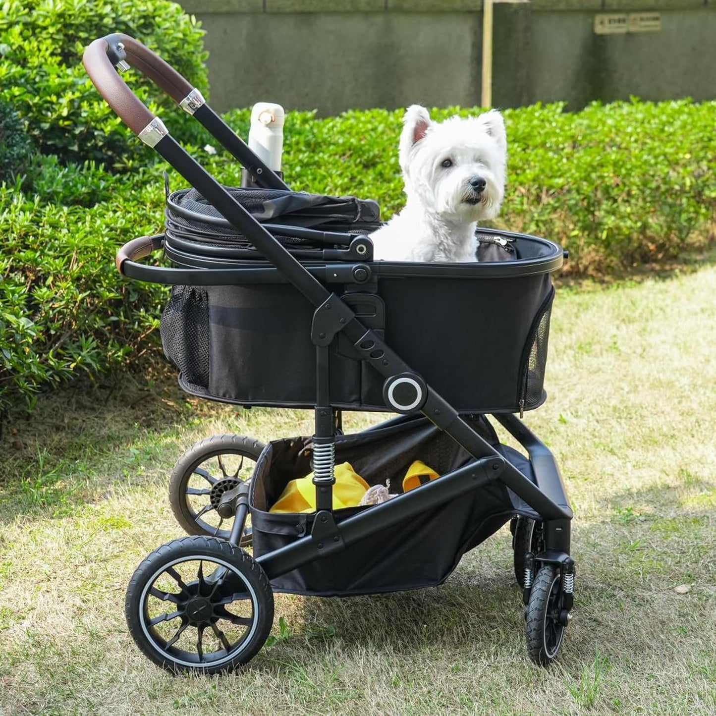 Pet Stroller with 4 Wheels, 3 IN 1 Folding Puppy Strollers for Small/Medium Dogs Cats up to 50lbs, Lightweight Pet Travel Carrier with Detachable Cushion, Storage Basket and Cup Holder, Black