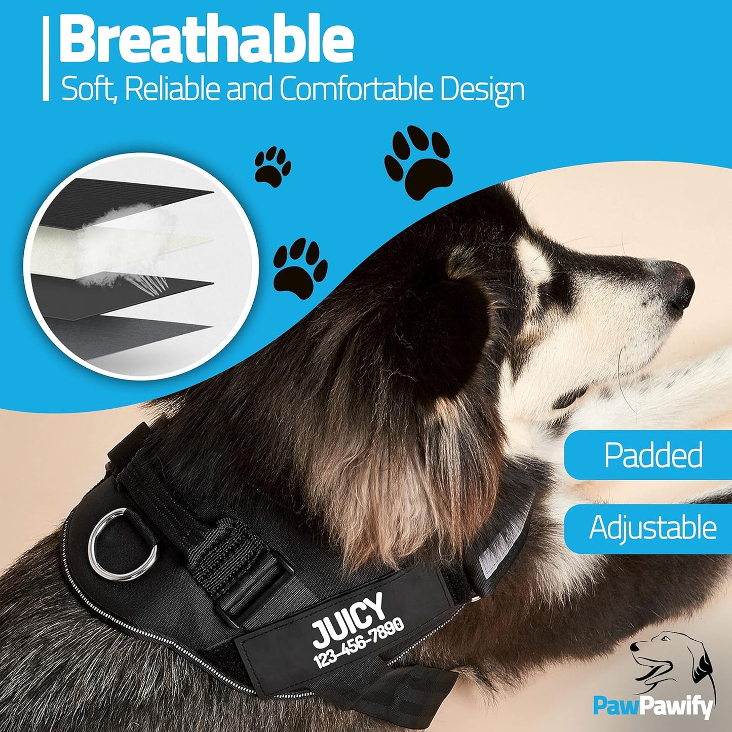 PawPawify Custom No Pull Dog Harness with Name and Phone Number, Heavy Duty Personalized Pet Vest to Prevent Tugging, Pulling, or Choking, Training and Walking (Black, XXL (Chest 36-42in))