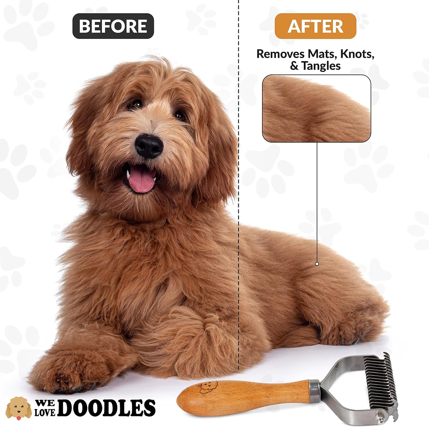 Pet Dematting Comb for Dogs and Cats with Wood Handle, Deshedding Undercoat Rake for Dogs with Stainless Steel Blades, Dog Comb for Detangling Thinning and Shedding, All Hair Types [We Love Doodles]
