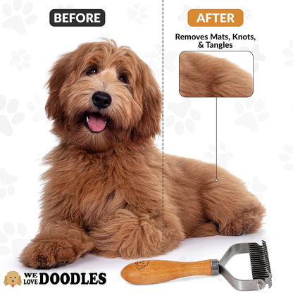 Pet Dematting Comb for Dogs and Cats with Wood Handle, Deshedding Undercoat Rake for Dogs with Stainless Steel Blades, Dog Comb for Detangling Thinning and Shedding, All Hair Types [We Love Doodles]