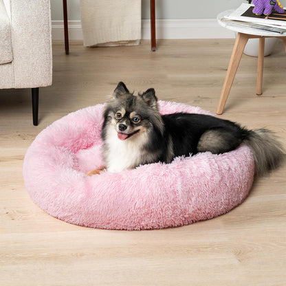 PetAmi Calming Dog Bed for Small Medium Dog Cat, Round Donut Dog Bed Washable, Fluffy Faux Fur Plush Cuddler Pet Kitten Cushion Bed, Anti-Slip, Fits up to 25 lbs, 23 inch, Pink