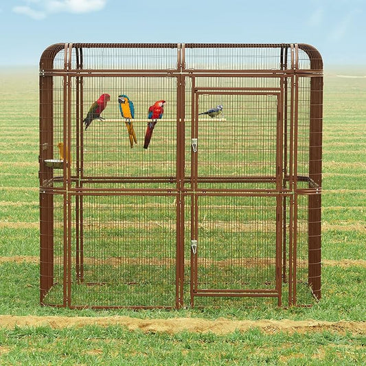 Large Walk-in Cage 87-inch Heavy Duty Bird Cage Outdoor Aviary Parrot Cage Wide Flight Metal Birdcage with Stand for Macaw Budgie Conure Lovebird Parakeet Cockatiel, 7.22x5.25x6.8ft, Brown