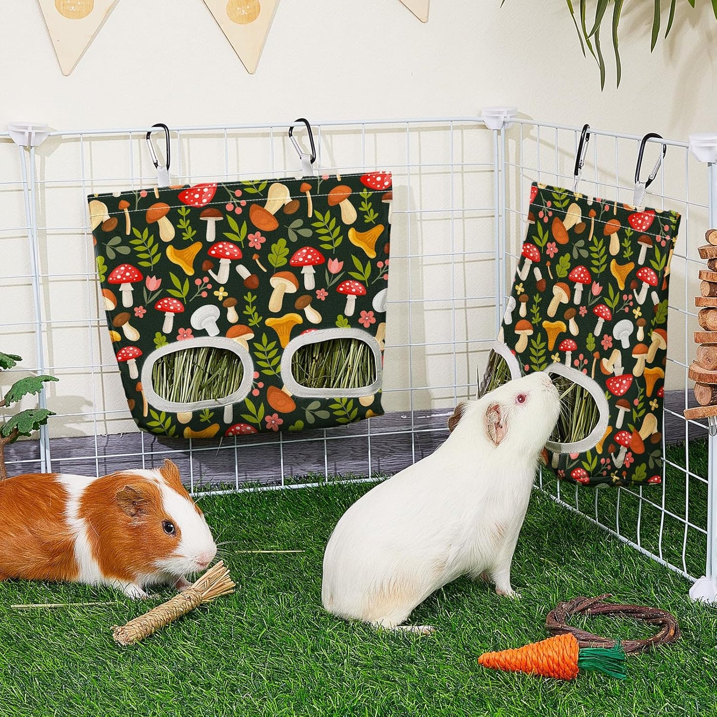 Glittme 2 Pack Guinea Pig Hay Feeder, 11.5x9 Inch Hay Bag for Rabbits, Hanging Hay Holder for Guinea Pigs Cage Hay Feeder for Bunny, Small Pets,Green Mushroom