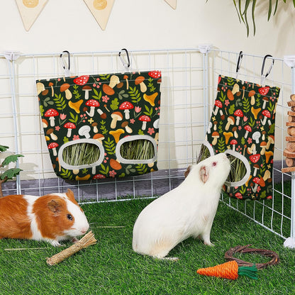 Glittme 2 Pack Guinea Pig Hay Feeder, 11.5x9 Inch Hay Bag for Rabbits, Hanging Hay Holder for Guinea Pigs Cage Hay Feeder for Bunny, Small Pets,Green Mushroom