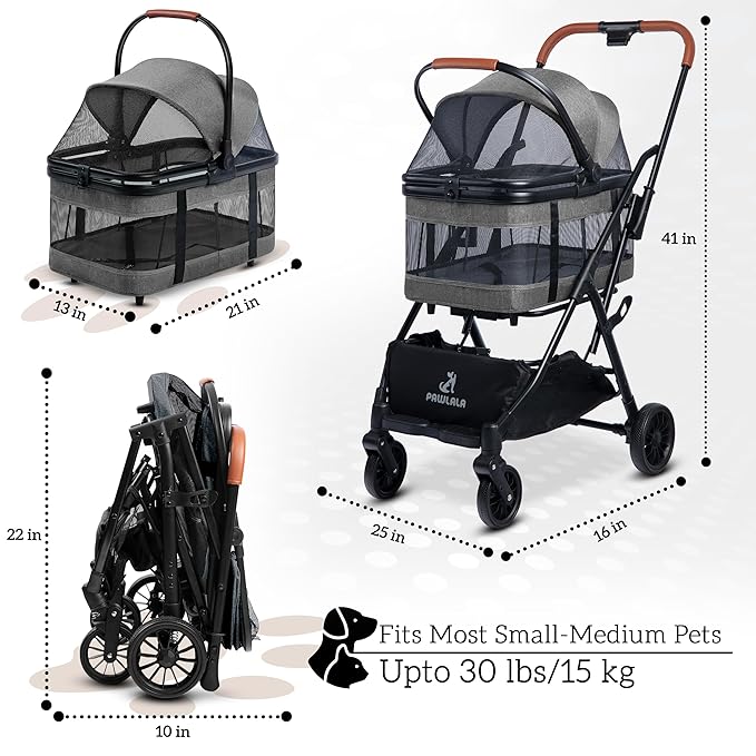 Pet Stroller with Detachable Carrier - Ideal for Small to Medium Dogs & Cats - Compact & Convenient Design - Easy Assembly Pet Stroller for Cats, Dog Strollers for Small Dogs - Metallic Gray