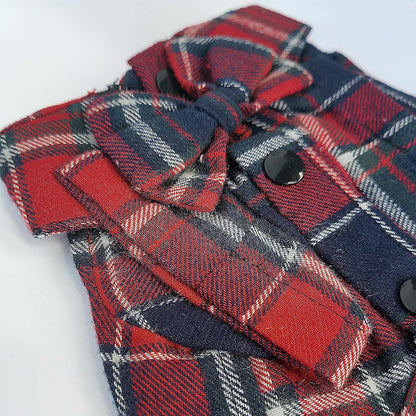Plaid Dog Shirt,Soft Casual Pet Shirt Clothes, Dog Cotton Shirt with Bow Tie for Wedding,Christmas Costumes (Red&Blue, Medium)