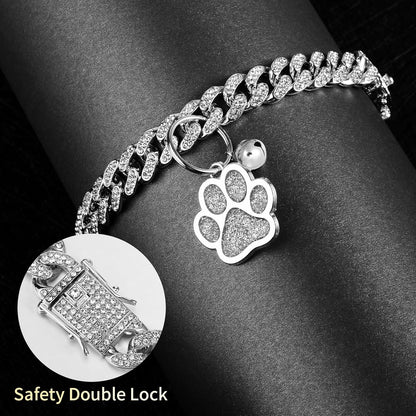 Hillban Cat Collar Diamond Chain Glitter Collar Walking Metal with Secure Buckle Cat Pet Necklace with Paw Charm and ID Tag Bell Link Cuban Jewelry Accessories(10 Inch,Silver)