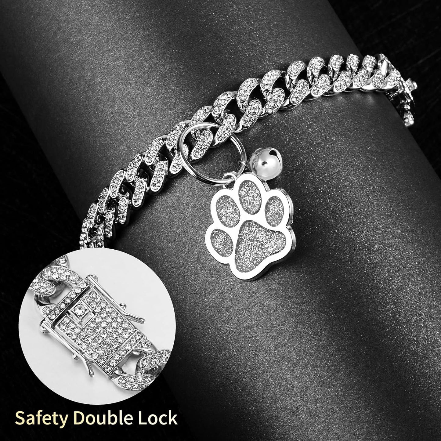 Hillban Cat Collar Diamond Chain Glitter Collar Walking Metal with Secure Buckle Cat Pet Necklace with Paw Charm and ID Tag Bell Link Cuban Jewelry Accessories(12 Inch,Silver)