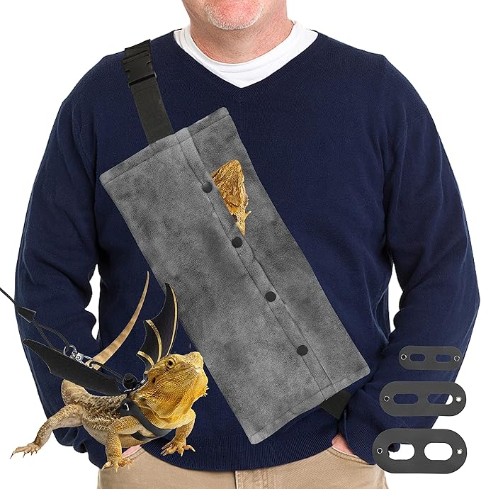 Bearded Dragon Leash and Harness Set, Beardie Carrier, Lizard Adjustable Harness with Leather Wings and Sling Bag, Reptile Small Pet Backpack Batwing Accessories (Grey)