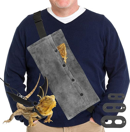 Bearded Dragon Leash and Harness Set, Beardie Carrier, Lizard Adjustable Harness with Leather Wings and Sling Bag, Reptile Small Pet Backpack Batwing Accessories (Grey)