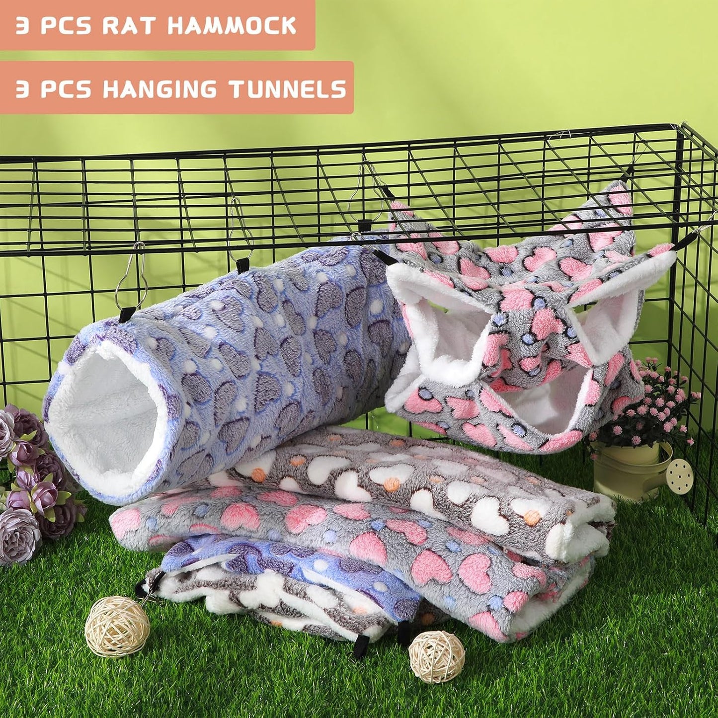 Sweetude 6 Pcs Rat Hammock Set Ferret Hanging Tunnel 3 Tier Guinea Pig Hammocks Hideout Soft Chinchilla Bed for Cage Accessories Hide,Play and Sleep(Cute,Heart)