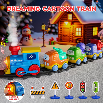 Funwee Steam Track Train Set for Toddlers, Magnetic Connection Train Toys w/Lights & Sounds, Electric Cartoon Choo Choo Train, Toy Train Christmas Birthday Gift for Toddlers 2 3 4 5+ Boy Girl (Blue)