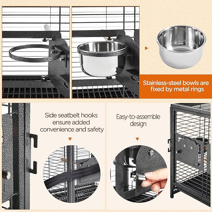 Yaheetech 25.5'' Wrought Iron Bird Travel Carrier Cage Parrot Cage with Handle Wooden Perch & Seed Guard for Small Parrots Canaries Budgies Parrotlets Lovebirds Conures Cockatiels