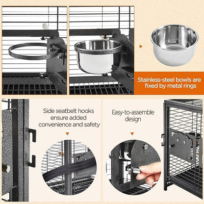 Yaheetech 25.5'' Wrought Iron Bird Travel Carrier Cage Parrot Cage with Handle Wooden Perch & Seed Guard for Small Parrots Canaries Budgies Parrotlets Lovebirds Conures Cockatiels
