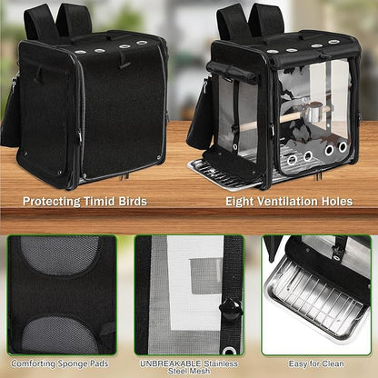 Suertree Bird Carrier with Seat Belt for Car Travel, Bird Backpack Carrier with Indestructible Stainless Steel Mesh, Large Bird Carrier Travel Cage, Black