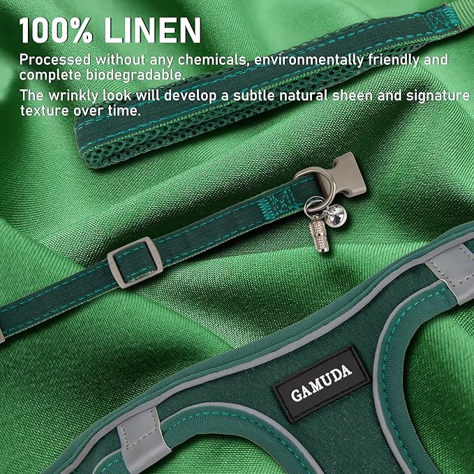 GAMUDA Small Pet Harness Collar and Leash Set, Step in No Chock No Pull Linen Fabric Soft Mesh Dog Vest Harnesses Reflective for Dogs Puppy Cats Kitten Rabbit (Green, L)