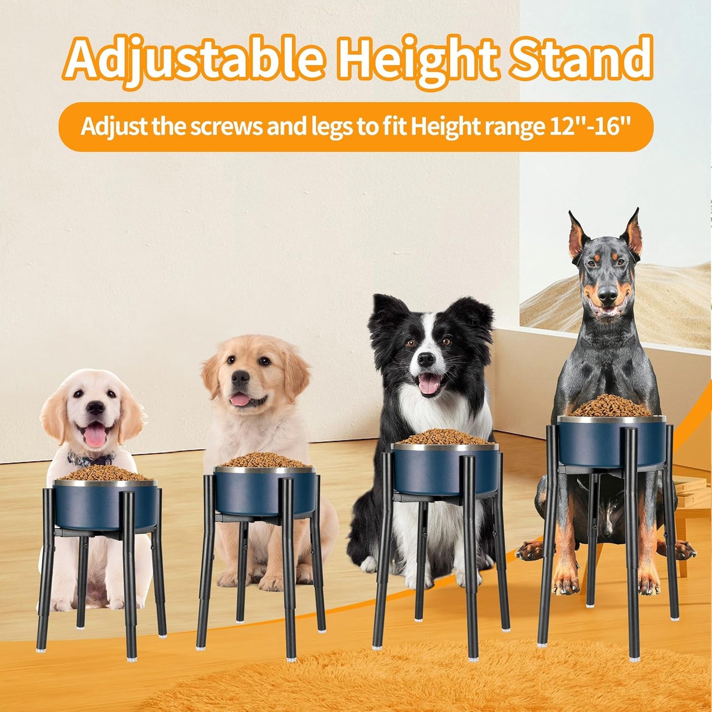 Dog Bowl Stand,Adjustable Tall Dog Food and Water Bowl Stand 8-12" Width 4 Heights,Durable Metal Elevated Dogs Bowl Holder for Medium and Large Dogs (Adjustable Wide 8-12" Heights 16")