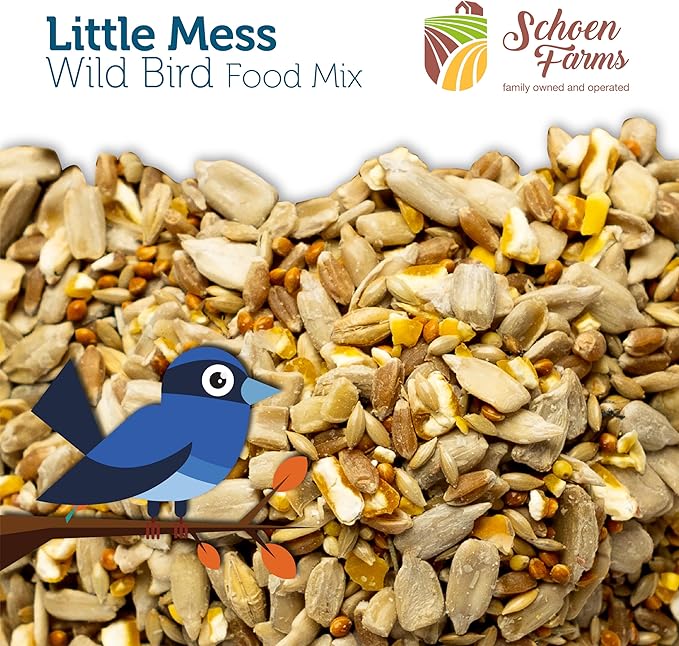 Schoen Farms Little Mess Wild Bird Food Mix – 10 lb Bag – No-Waste Seed Blend with Sunflower Hearts & Millet – Clean Backyard Feed for Finches, Jays & Cardinals