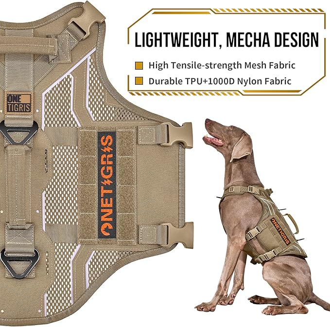 OneTigris Tactical Dog Harness for Medium Large Dogs, Adjustable Tactical Dog Harness with Handles, Reflective Vest Heavy Duty & Breathable Military Assistance Vest with No Pull Buckle, Brown
