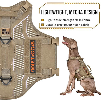 OneTigris Tactical Dog Harness for Medium Large Dogs, Adjustable Tactical Dog Harness with Handles, Reflective Vest Heavy Duty & Breathable Military Assistance Vest with No Pull Buckle, Brown