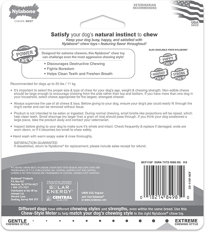 Nylabone Textured Ring Power Chew Toy for Small Dogs, Durable Dog Toys for Aggressive Chewers, Strong Dog Chew Bones To Keep Them Busy, Flavor Medley, Small - Up to 25 lbs, 1 Count