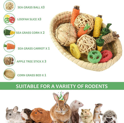 Rabbit Toys 13Pcs, Natural Hay Hamster Chew Toys for Teeth, Handmade Apple Wood Sticks Guinea Pig Bunny Toys Bunny Bed