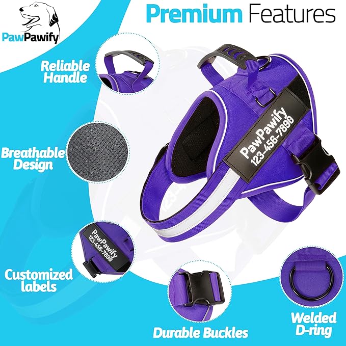 PawPawify Custom No Pull Dog Harness with Name and Phone Number, Heavy Duty Personalized Pet Vest to Prevent Tugging, Pulling, or Choking, Training and Walking (New Purple, XS (5-9LBS))