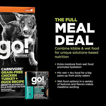 Go! Solutions Carnivore, Grain-Free, Protein Rich Dry Dog Food, Chicken, Turkey and Duck Puppy Recipe, Small Kibble, 12 lb Bag