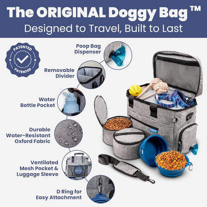 The Original Doggy Bag™- Dog Travel Bag for Supplies - Ultimate Gift for Dog Moms & Dads, Doggy Lovers & Pet Owners for Christmas- Includes 2 BPA-Free Travel Bowls and 2 Food Containers: Grey