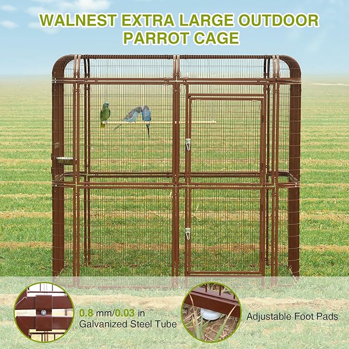 Large Walk-in Cage 87-inch Heavy Duty Bird Cage Outdoor Aviary Parrot Cage Wide Flight Metal Birdcage with Stand for Macaw Budgie Conure Lovebird Parakeet Cockatiel, 7.22x5.25x6.8ft, Brown