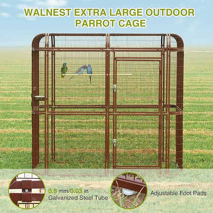 Large Walk-in Cage 87-inch Heavy Duty Bird Cage Outdoor Aviary Parrot Cage Wide Flight Metal Birdcage with Stand for Macaw Budgie Conure Lovebird Parakeet Cockatiel, 7.22x5.25x6.8ft, Brown