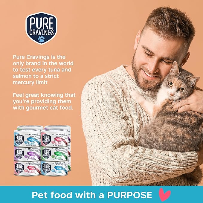Pure Cravings Flakes in Tuna Consommé, Canned Wet Cat Food Soup, 100% Mercury-Tested, Moist Can Fish, Grain-Free Protein, Non-GMO, 3oz, Variety Pack 3X Tuna, 3X Salmon, 3X Sardine, 3X Mackerel