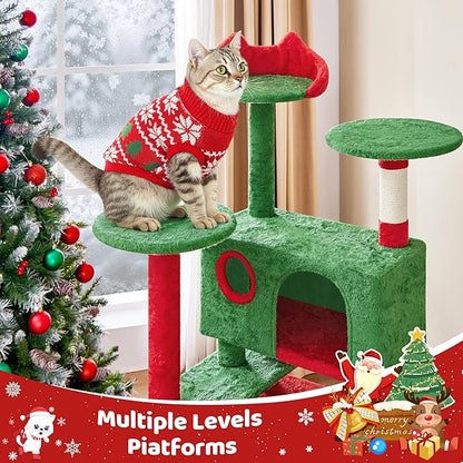 Yaheetech 54in Christmas Cat Tree, Multi-Level Cat Tower with Spacious Kitten-Ear Perch, 2 Cozy Caves, Scratching Posts, Climbing Ladder, 2 Plush Balls for Indoor Kittens, Red/Green