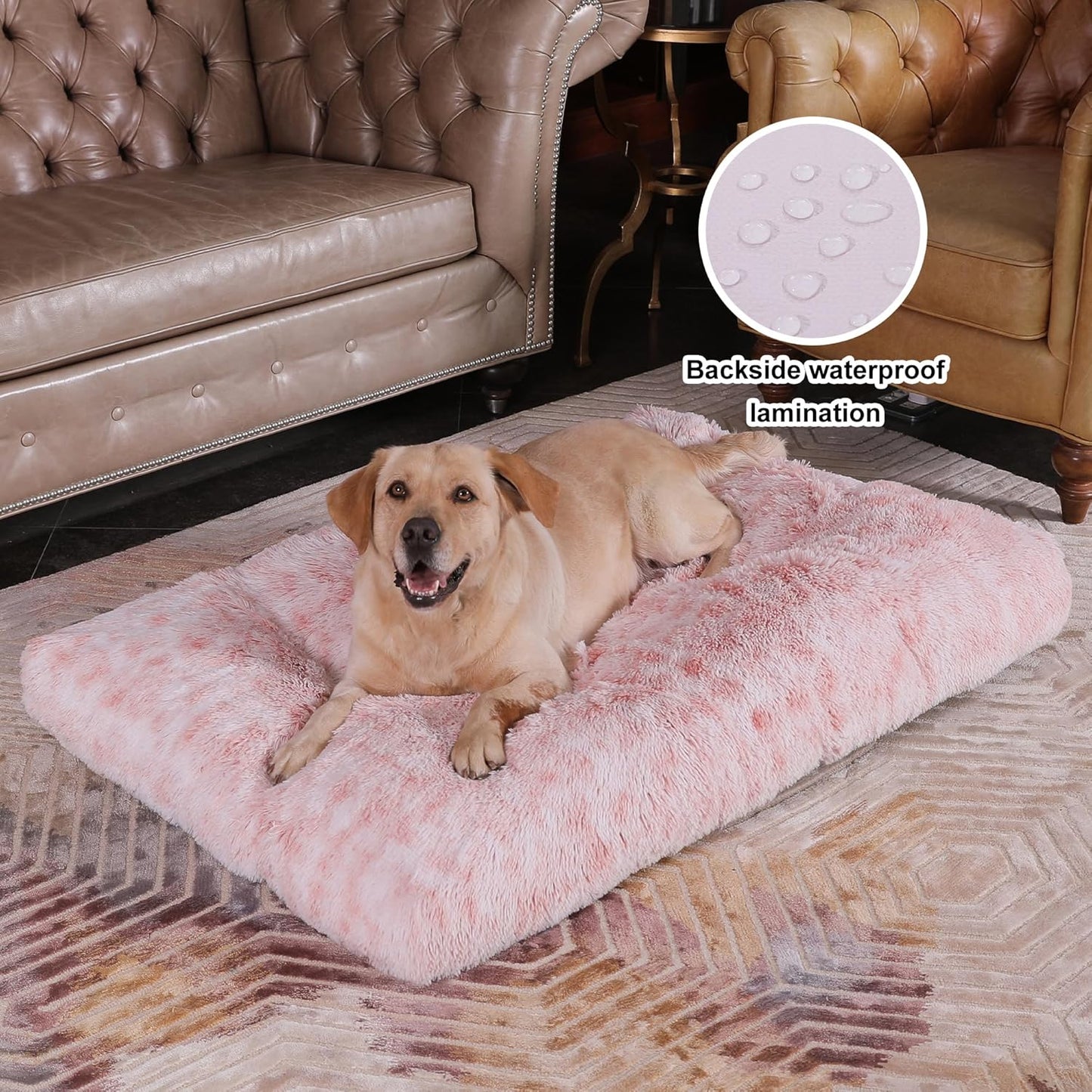 Bedfolks Waterproof Dog Crate Bed with Removable Washable Cover, Plush Faux Fur Pad, Extra Large, Fluffy Kennel Bed, 41"x27", Pink