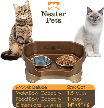 Neater Feeder Deluxe Mess Proof Cat Bowls Elevated for All Breeds – Made in USA – No Spill Raised Bowls for Indoor Cats – Stainless Steel Food and Water Bowl Set, Pet Dish Feeding Station, Bronze