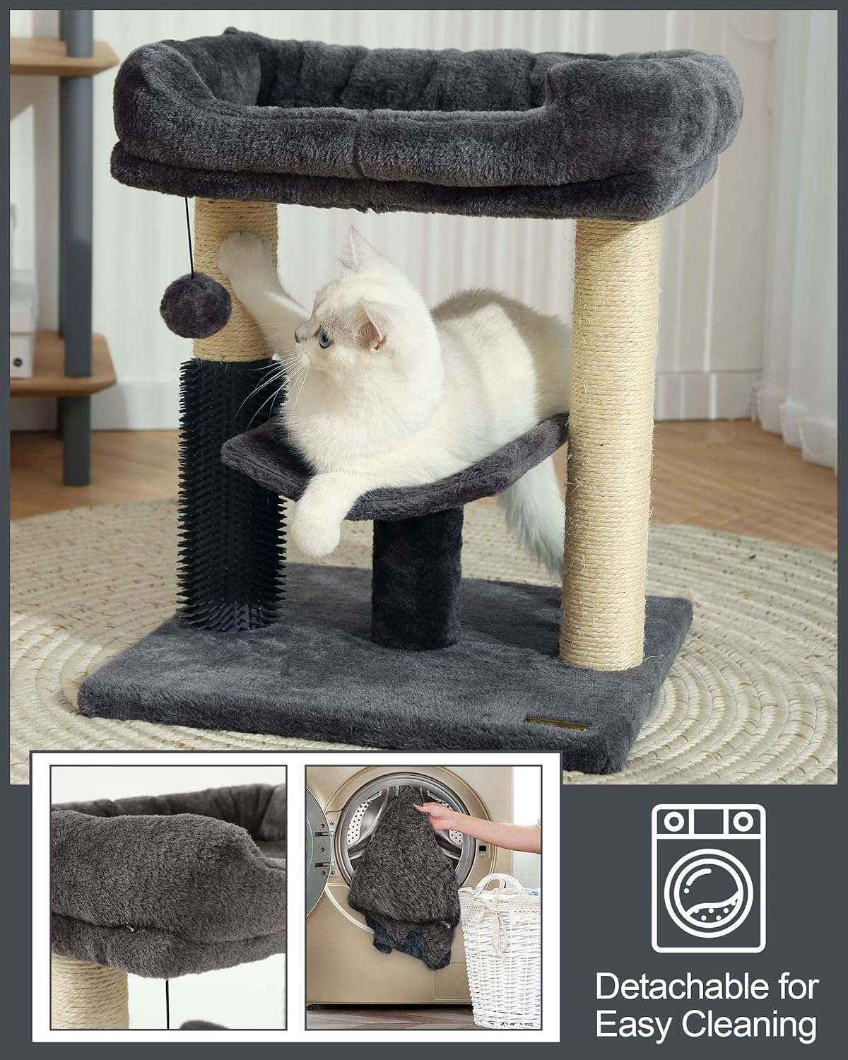 Hoopet 20-Inch Cat Tree Tower, Small Cat Scratching Post for Indoor Cats and Kittens, Sisal Cat Scratcher with Plush Bed Perch, Self Groomer and Hanging Toy Ball, Smoky Grey