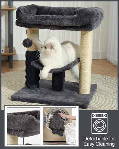 Hoopet 20-Inch Cat Tree Tower, Small Cat Scratching Post for Indoor Cats and Kittens, Sisal Cat Scratcher with Plush Bed Perch, Self Groomer and Hanging Toy Ball, Smoky Grey