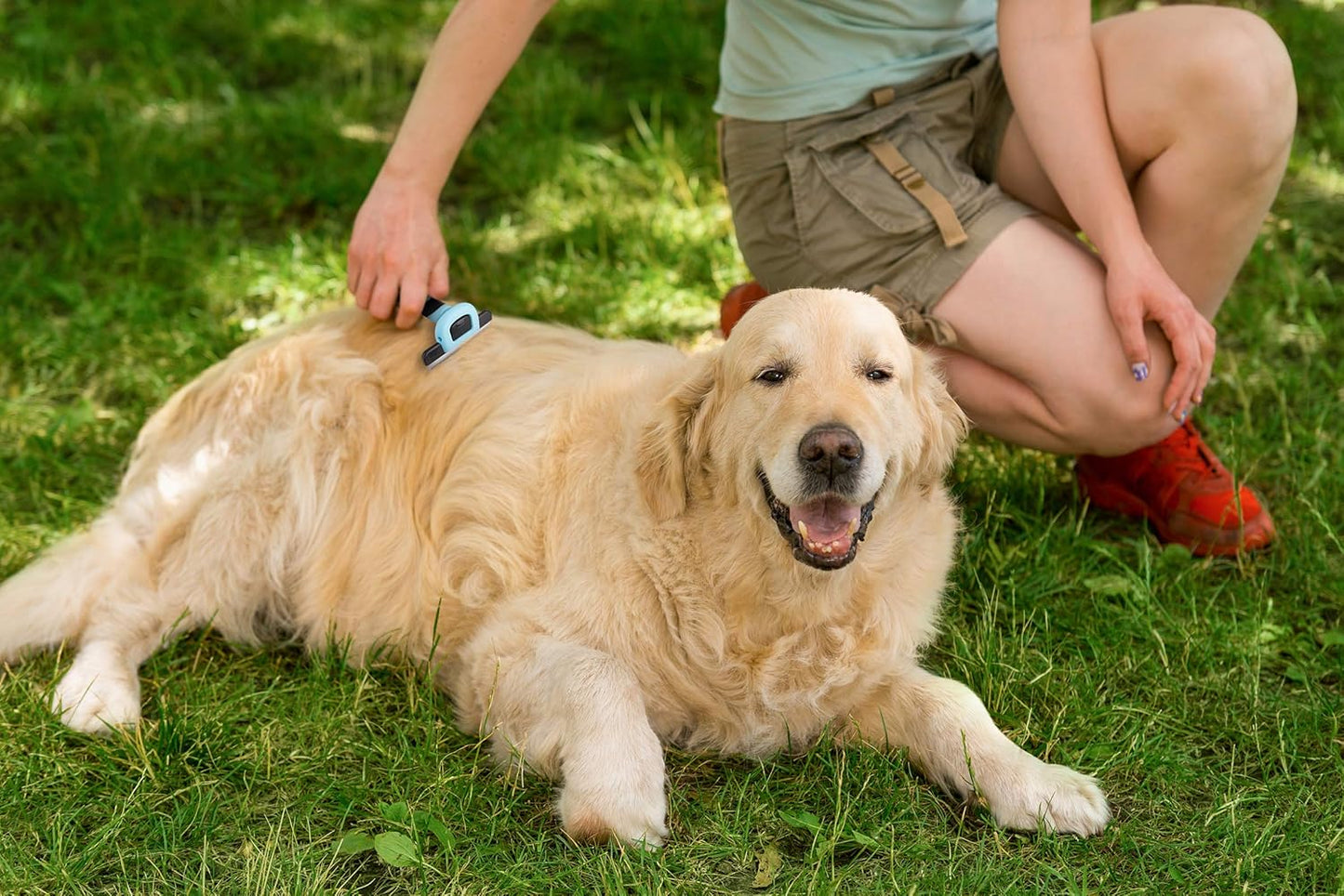 Pets First Professional Pet Brush - Grooming & Deshedding Tool for Cats & Dogs - Reduces Shedding, Dead Hair, Tangles - Detachable Stainless Steel Comb for Easy Cleaning - Soft Anti-Slip Handle,Blue