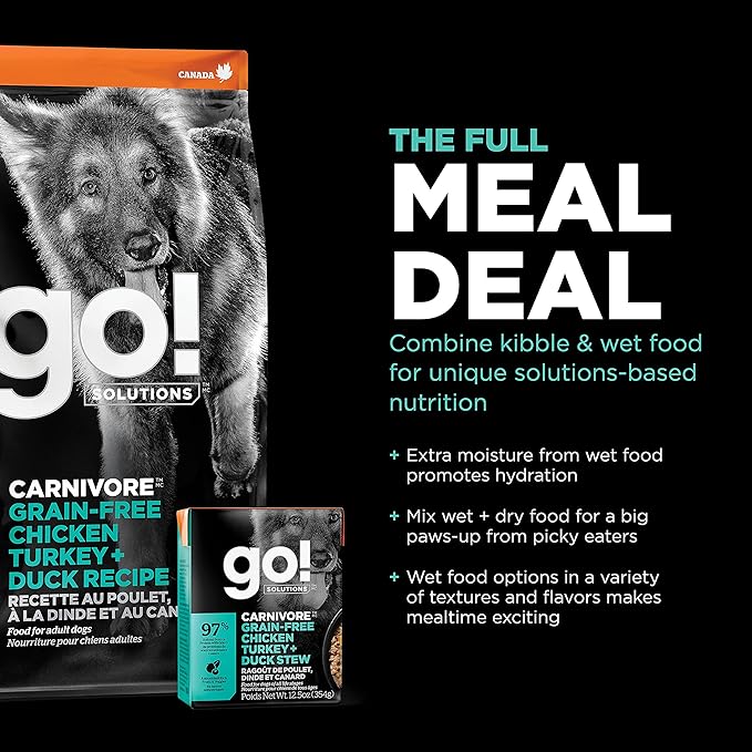 Go! Solutions Carnivore, Grain-Free, Protein Rich Dry Dog Food, Chicken, Turkey and Duck Adult Recipe, 3.5 lb Bag
