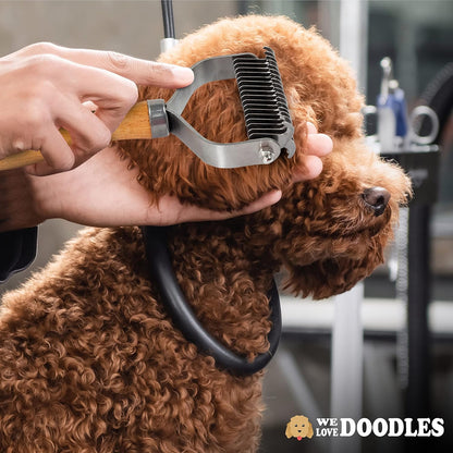 Pet Dematting Comb for Dogs and Cats with Wood Handle, Deshedding Undercoat Rake for Dogs with Stainless Steel Blades, Dog Comb for Detangling Thinning and Shedding, All Hair Types [We Love Doodles]