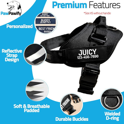 PawPawify Custom No Pull Dog Harness with Name and Phone Number, Heavy Duty Personalized Pet Vest to Prevent Tugging, Pulling, or Choking, Training and Walking (Black, XS (Chest 14-17in))