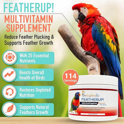 UnRuffledRx FeatherUp! Bird Vitamins with Biotin for Beautiful Plumage - Feather Growth Supplements for Parrots - 90 gm - 240 Servings