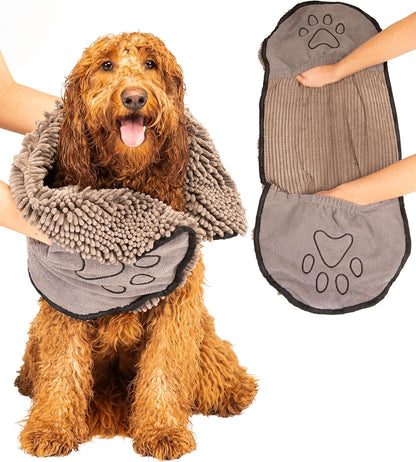 Dog Gone Smart The Dirty Dog Shammy - Fast Drying Plush Shammy Towel with Dual Hand Pockets and Elastic - Super Absorbent Microfiber and Machine Washable - Grey
