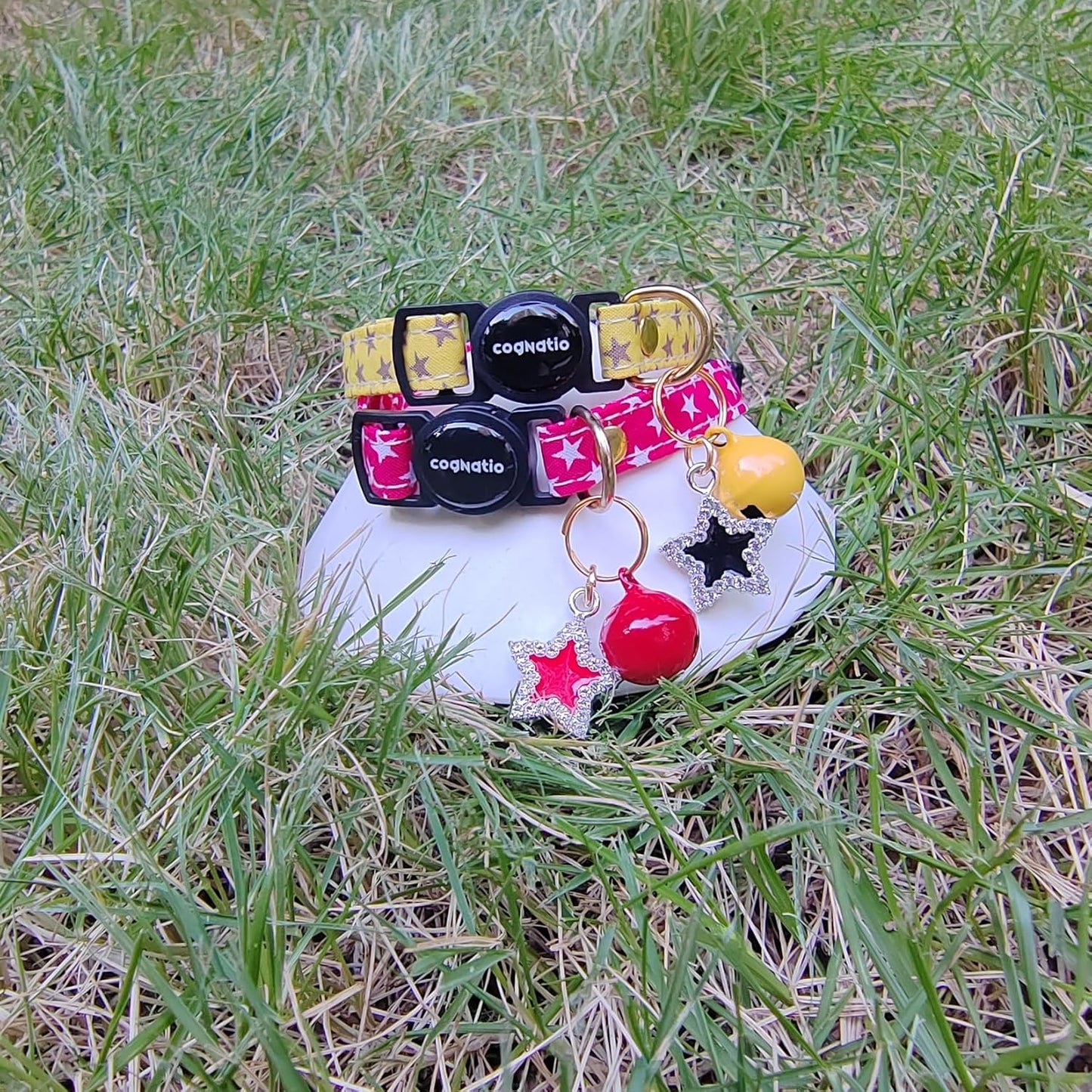 2 Pack Cotton Breakaway cat Collars with Bell,Safety Quick Release Pendant Cute Kitten Collar,Adjustable 20-30cm (Red+Lemon, 20-30cm)